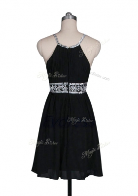 Top Selling Halter Top Sleeveless Evening Dress Mini Length Beading Black Chiffon