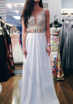 V-neck Sleeveless Backless Prom Evening Gown White Chiffon