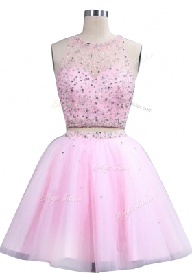 Admirable Pink Scoop Zipper Beading Prom Dresses Sleeveless
