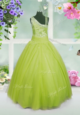 Apple Green Ball Gowns Beading Little Girls Pageant Dress Side Zipper Tulle Sleeveless Floor Length