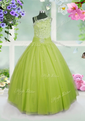 Apple Green Ball Gowns Beading Little Girls Pageant Dress Side Zipper Tulle Sleeveless Floor Length