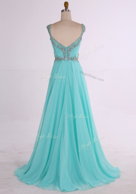 Aqua Blue A-line Beading Prom Gown Zipper Chiffon Sleeveless Floor Length