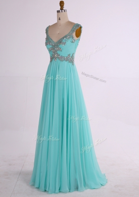 Aqua Blue A-line Beading Prom Gown Zipper Chiffon Sleeveless Floor Length