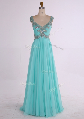 Aqua Blue A-line Beading Prom Gown Zipper Chiffon Sleeveless Floor Length