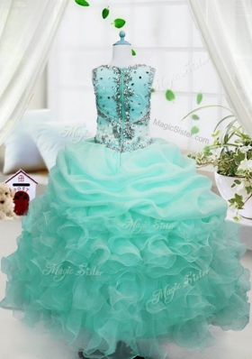 Baby Blue Ball Gowns Organza Straps Sleeveless Beading and Ruffles and Pick Ups Floor Length Lace Up Kids Pageant Dress