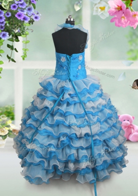 Beauteous Beading and Appliques and Ruffled Layers Kids Pageant Dress Baby Blue Lace Up Sleeveless Floor Length