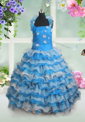 Beauteous Beading and Appliques and Ruffled Layers Kids Pageant Dress Baby Blue Lace Up Sleeveless Floor Length