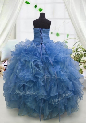 Blue Ball Gowns Beading and Ruffles Child Pageant Dress Lace Up Organza Sleeveless Floor Length