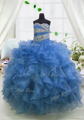 Blue Ball Gowns Beading and Ruffles Child Pageant Dress Lace Up Organza Sleeveless Floor Length