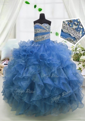 Blue Ball Gowns Beading and Ruffles Child Pageant Dress Lace Up Organza Sleeveless Floor Length
