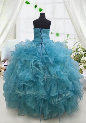 Blue Ball Gowns Sweetheart Sleeveless Organza Floor Length Lace Up Beading and Ruffles Little Girls Pageant Gowns