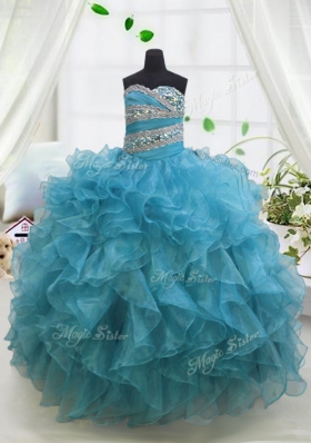 Blue Ball Gowns Sweetheart Sleeveless Organza Floor Length Lace Up Beading and Ruffles Little Girls Pageant Gowns