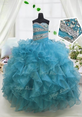 Blue Ball Gowns Sweetheart Sleeveless Organza Floor Length Lace Up Beading and Ruffles Little Girls Pageant Gowns