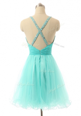 Chic Sleeveless Mini Length Beading Criss Cross Homecoming Dress with Aqua Blue