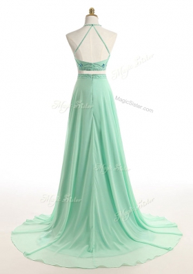 Chiffon Halter Top Sleeveless Brush Train Zipper Beading Prom Dresses in Apple Green