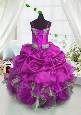 Custom Design Spaghetti Straps Sleeveless Organza Little Girls Pageant Gowns Beading and Ruffles and Pick Ups Lace Up