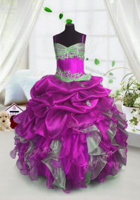 Custom Design Spaghetti Straps Sleeveless Organza Little Girls Pageant Gowns Beading and Ruffles and Pick Ups Lace Up