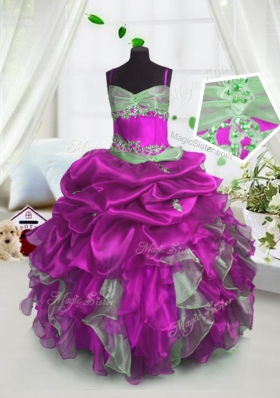 Custom Design Spaghetti Straps Sleeveless Organza Little Girls Pageant Gowns Beading and Ruffles and Pick Ups Lace Up