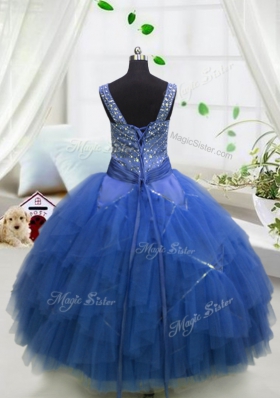 Custom Made Tulle Straps Sleeveless Lace Up Beading and Ruffles Little Girl Pageant Gowns in Royal Blue