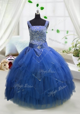 Custom Made Tulle Straps Sleeveless Lace Up Beading and Ruffles Little Girl Pageant Gowns in Royal Blue