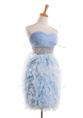 Edgy Sweetheart Sleeveless Evening Dress Mini Length Beading Light Blue Chiffon