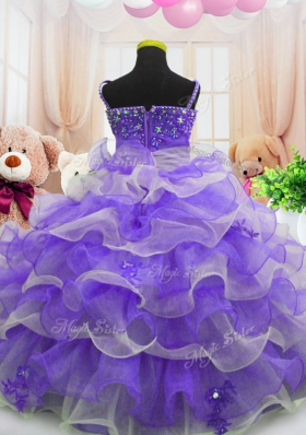 Glorious Floor Length Eggplant Purple Girls Pageant Dresses Organza Sleeveless Beading and Ruffled Layers