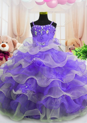 Glorious Floor Length Eggplant Purple Girls Pageant Dresses Organza Sleeveless Beading and Ruffled Layers