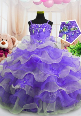 Glorious Floor Length Eggplant Purple Girls Pageant Dresses Organza Sleeveless Beading and Ruffled Layers