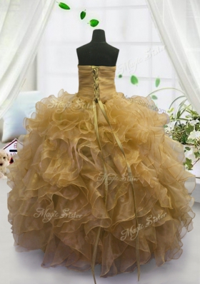 Gorgeous Sleeveless Floor Length Beading and Ruffles Lace Up Little Girls Pageant Dress with Gold