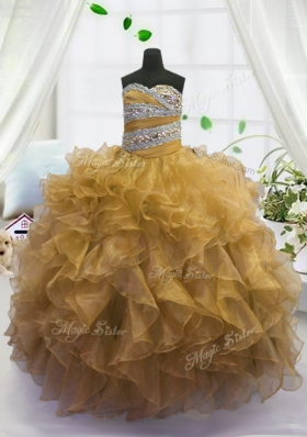 Gorgeous Sleeveless Floor Length Beading and Ruffles Lace Up Little Girls Pageant Dress with Gold