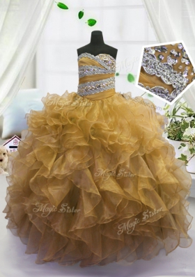 Gorgeous Sleeveless Floor Length Beading and Ruffles Lace Up Little Girls Pageant Dress with Gold