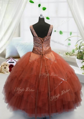 Hot Selling Ball Gowns Little Girls Pageant Dress Wholesale Orange Red Straps Tulle Sleeveless Floor Length Lace Up