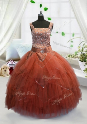 Hot Selling Ball Gowns Little Girls Pageant Dress Wholesale Orange Red Straps Tulle Sleeveless Floor Length Lace Up