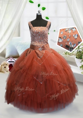 Hot Selling Ball Gowns Little Girls Pageant Dress Wholesale Orange Red Straps Tulle Sleeveless Floor Length Lace Up