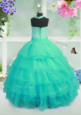 Luxurious Sleeveless Floor Length Beading and Ruffled Layers Lace Up Party Dress with Turquoise