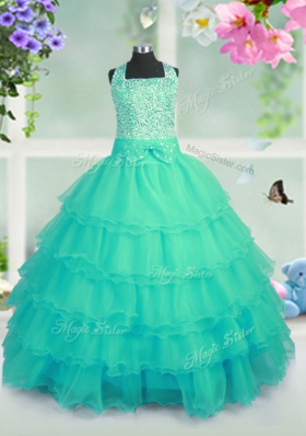 Luxurious Sleeveless Floor Length Beading and Ruffled Layers Lace Up Party Dress with Turquoise