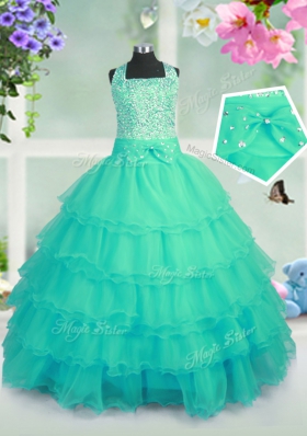 Luxurious Sleeveless Floor Length Beading and Ruffled Layers Lace Up Party Dress with Turquoise