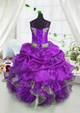 Organza Spaghetti Straps Sleeveless Lace Up Beading and Ruffles and Pick Ups Pageant Gowns For Girls in Lavender