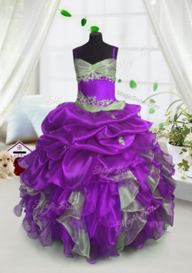 Organza Spaghetti Straps Sleeveless Lace Up Beading and Ruffles and Pick Ups Pageant Gowns For Girls in Lavender
