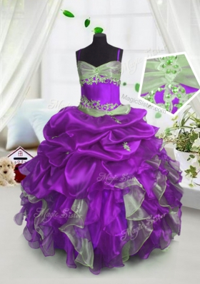Organza Spaghetti Straps Sleeveless Lace Up Beading and Ruffles and Pick Ups Pageant Gowns For Girls in Lavender