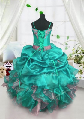 Pick Ups Turquoise Sleeveless Organza Lace Up Kids Formal Wear for Party and Wedding Party