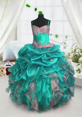 Pick Ups Turquoise Sleeveless Organza Lace Up Kids Formal Wear for Party and Wedding Party