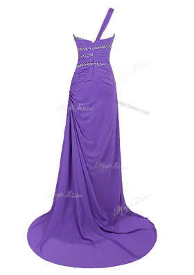 Purple A-line Chiffon One Shoulder Sleeveless Beading Zipper Prom Gown Brush Train