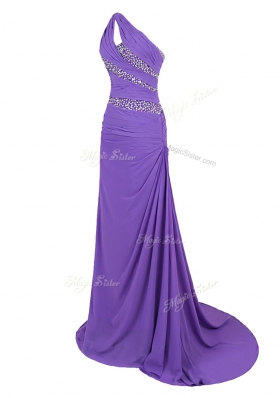 Purple A-line Chiffon One Shoulder Sleeveless Beading Zipper Prom Gown Brush Train