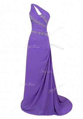 Purple A-line Chiffon One Shoulder Sleeveless Beading Zipper Prom Gown Brush Train