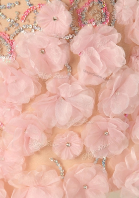 Scoop Pink Column/Sheath Beading and Hand Made Flower Prom Party Dress Zipper Tulle Cap Sleeves Mini Length