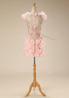 Scoop Pink Column/Sheath Beading and Hand Made Flower Prom Party Dress Zipper Tulle Cap Sleeves Mini Length