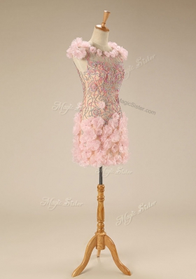 Scoop Pink Column/Sheath Beading and Hand Made Flower Prom Party Dress Zipper Tulle Cap Sleeves Mini Length