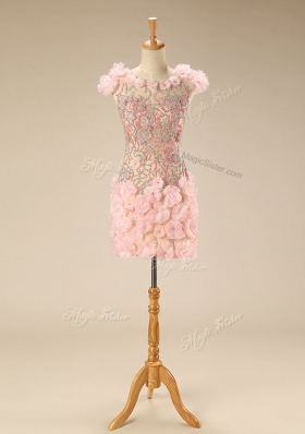 Scoop Pink Column/Sheath Beading and Hand Made Flower Prom Party Dress Zipper Tulle Cap Sleeves Mini Length