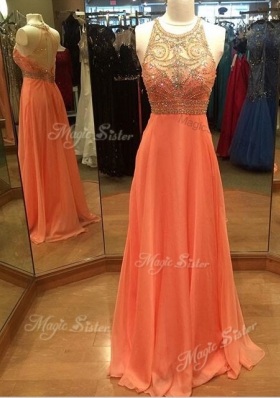 Scoop Sleeveless Chiffon Dress for Prom Beading Brush Train Backless